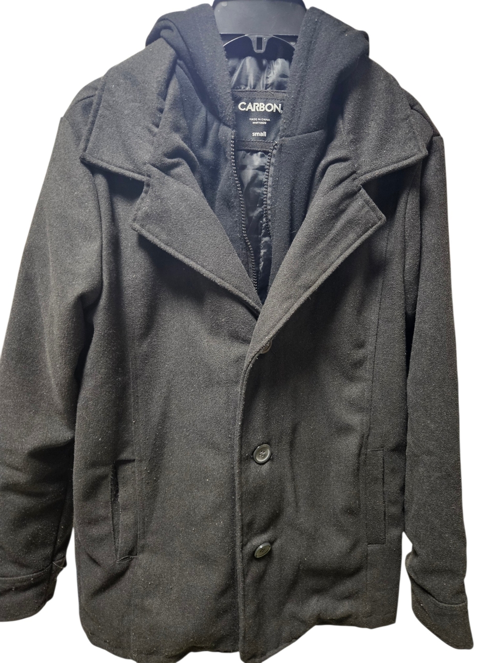Carbon Men's Black Hooded Peacoat with Notch Lapels